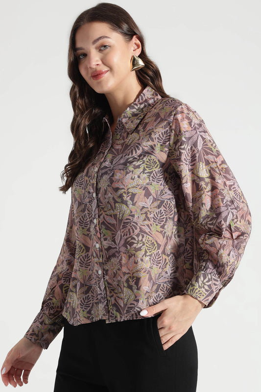 Muted Olive Leaf Print Viscose Shirt - Fabravaa