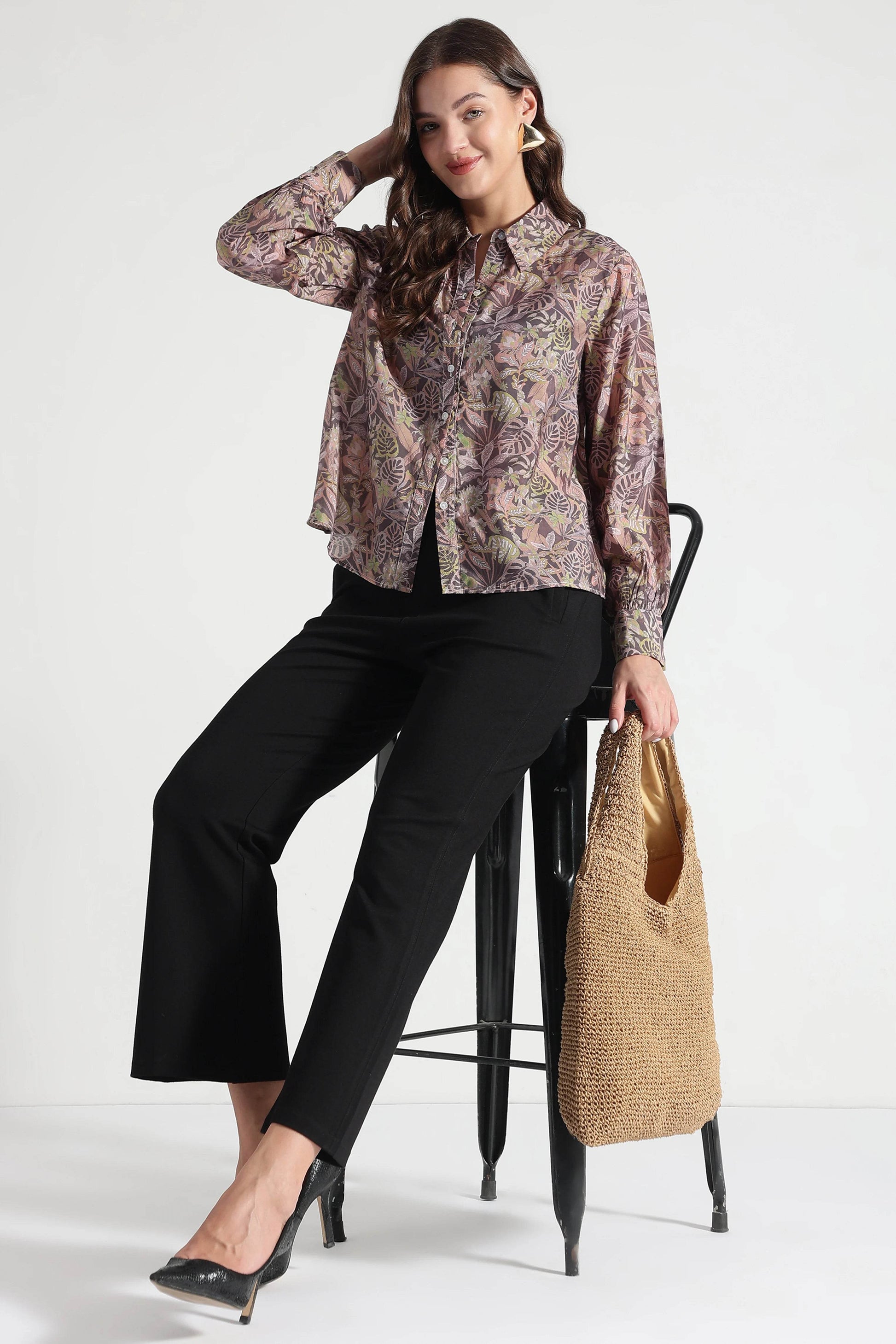 Muted Olive Leaf Print Viscose Shirt - Fabravaa