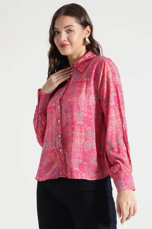 Crimson Mosaic Abstract Printed Viscose Shirt - Fabravaa