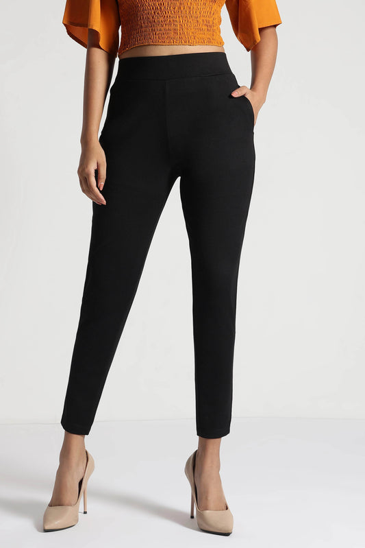 Black Tencel Comfort-Fit Pants with Elastic Waist - Fabravaa