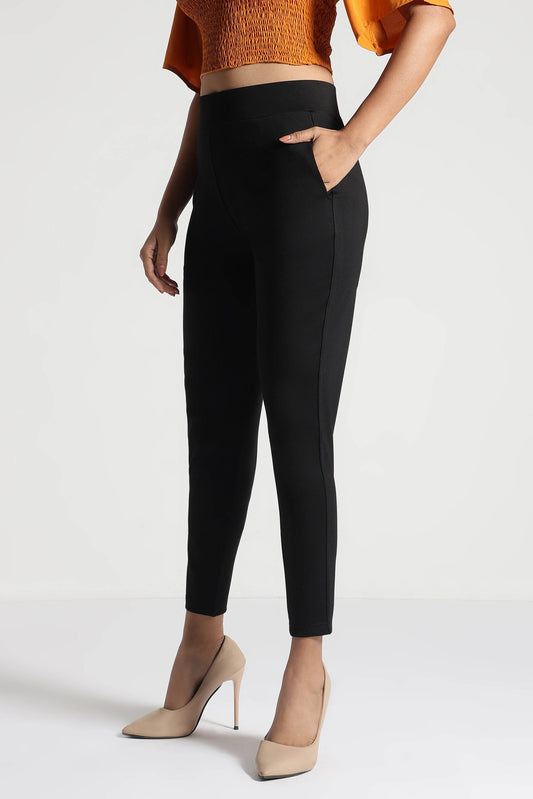 Black Tencel Comfort-Fit Pants with Elastic Waist - Fabravaa