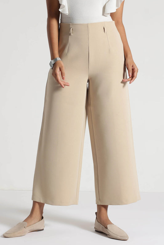 Beige Cropped Wide-Leg Comfort Pants - Fabravaa