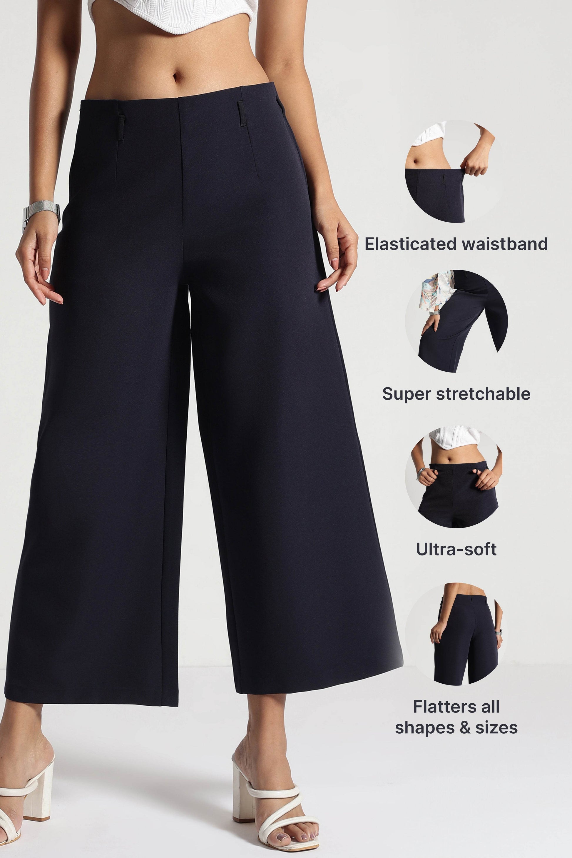 Navy Cropped Wide-Leg Comfort Pants - Fabravaa