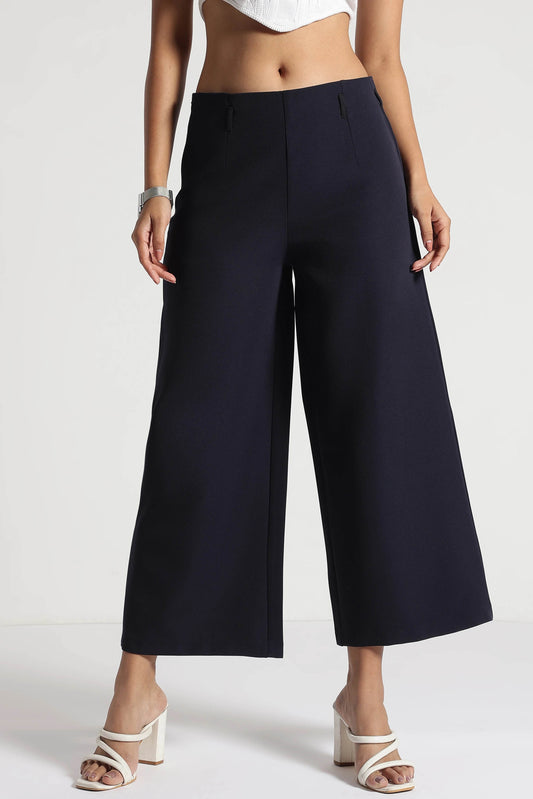 Navy Cropped Wide-Leg Comfort Pants - Fabravaa