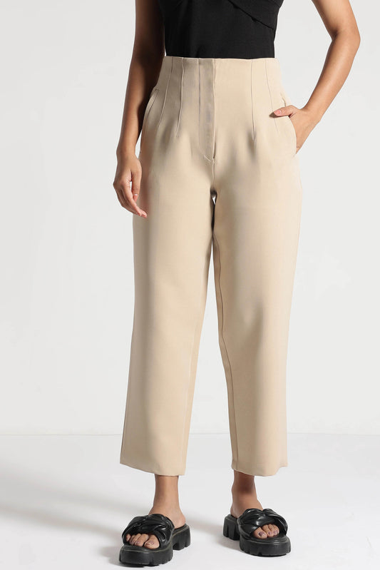 Beige StretchFit High-Rise Cropped Pants - Fabravaa