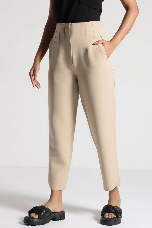 Beige StretchFit High-Rise Cropped Pants - Fabravaa