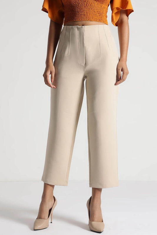 Sand Beige Cropped Trousers with Sculpt Fit - Fabravaa