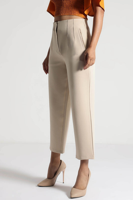 Sand Beige Cropped Trousers with Sculpt Fit - Fabravaa