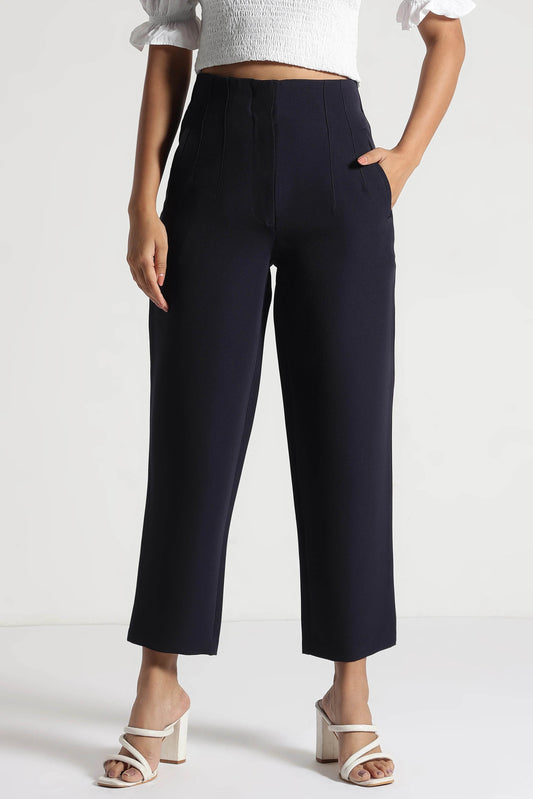 Navy Blue High-Rise Cropped Pants - Fabravaa