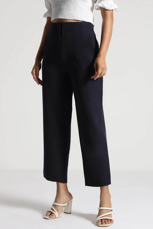Navy Blue High-Rise Cropped Pants - Fabravaa