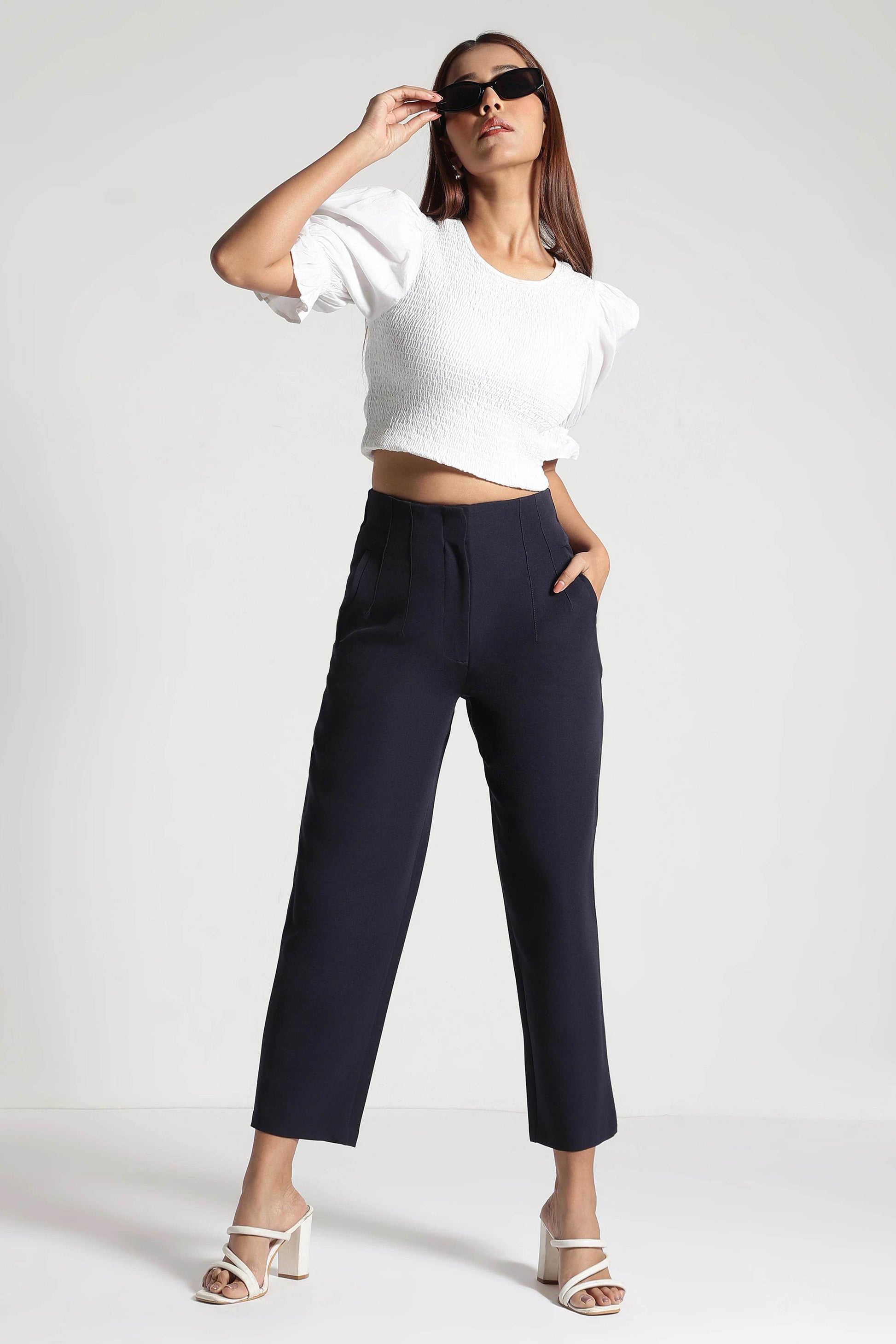 Navy Blue High-Rise Cropped Pants - Fabravaa