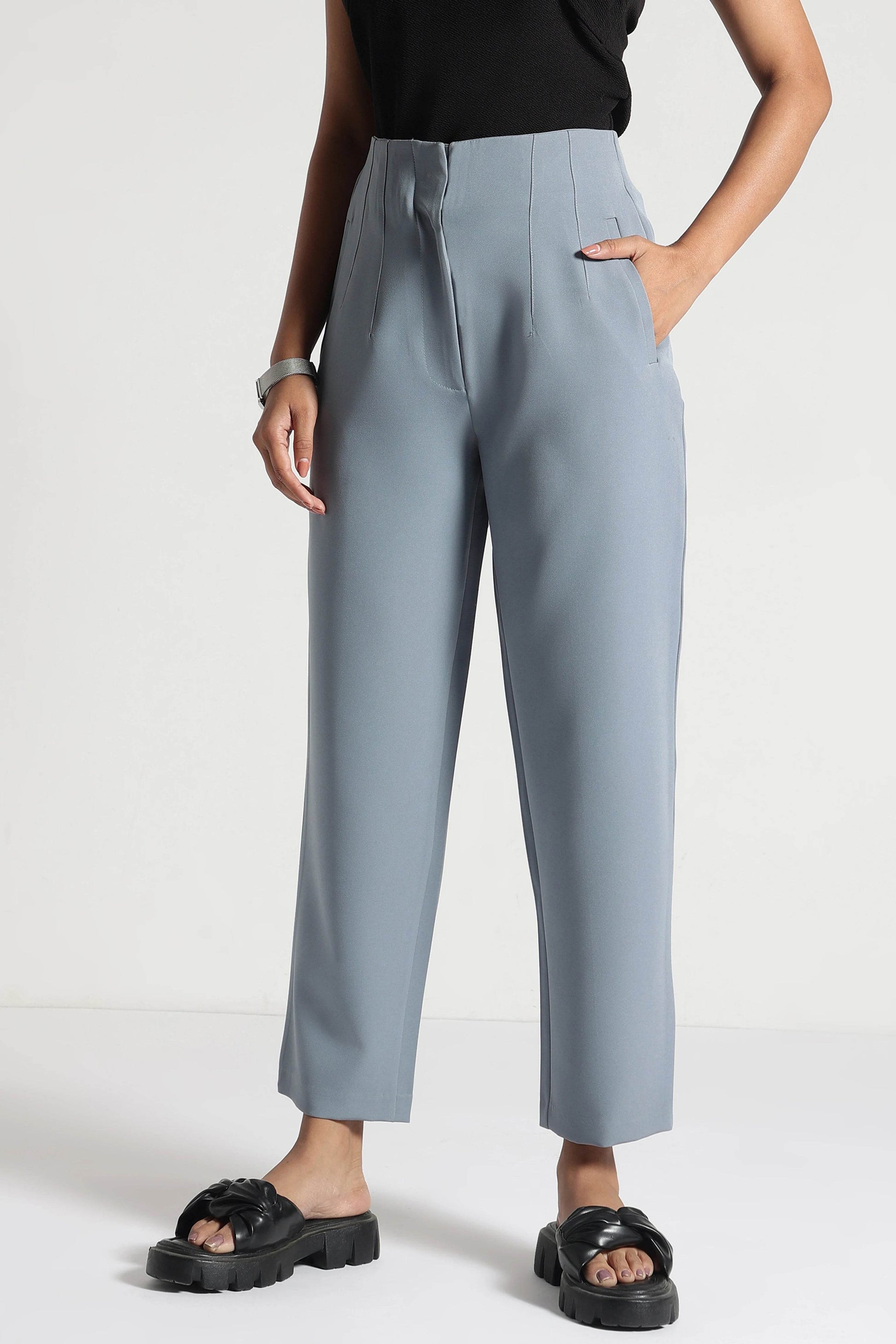Slate Blue High-Rise Cropped Pants - Fabravaa